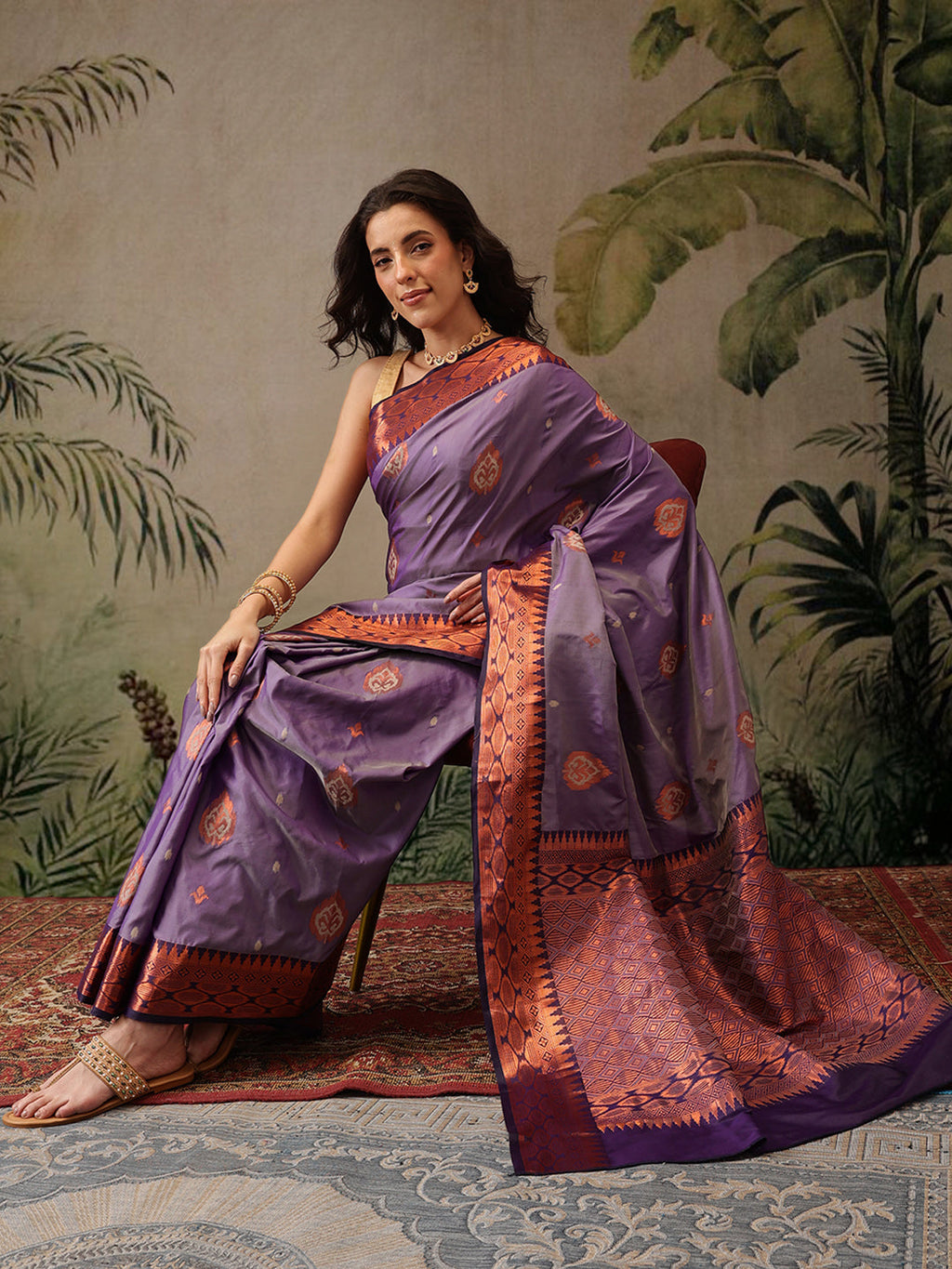 Hiral Fashion Purple Banarasi Silk Floral Woven Design Saree | Grocsy