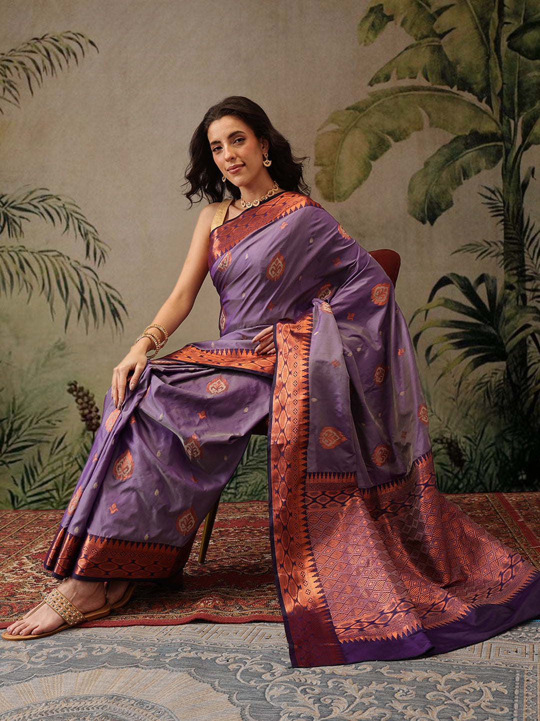 Hiral Fashion Purple Banarasi Silk Floral Woven Design Saree | Grocsy