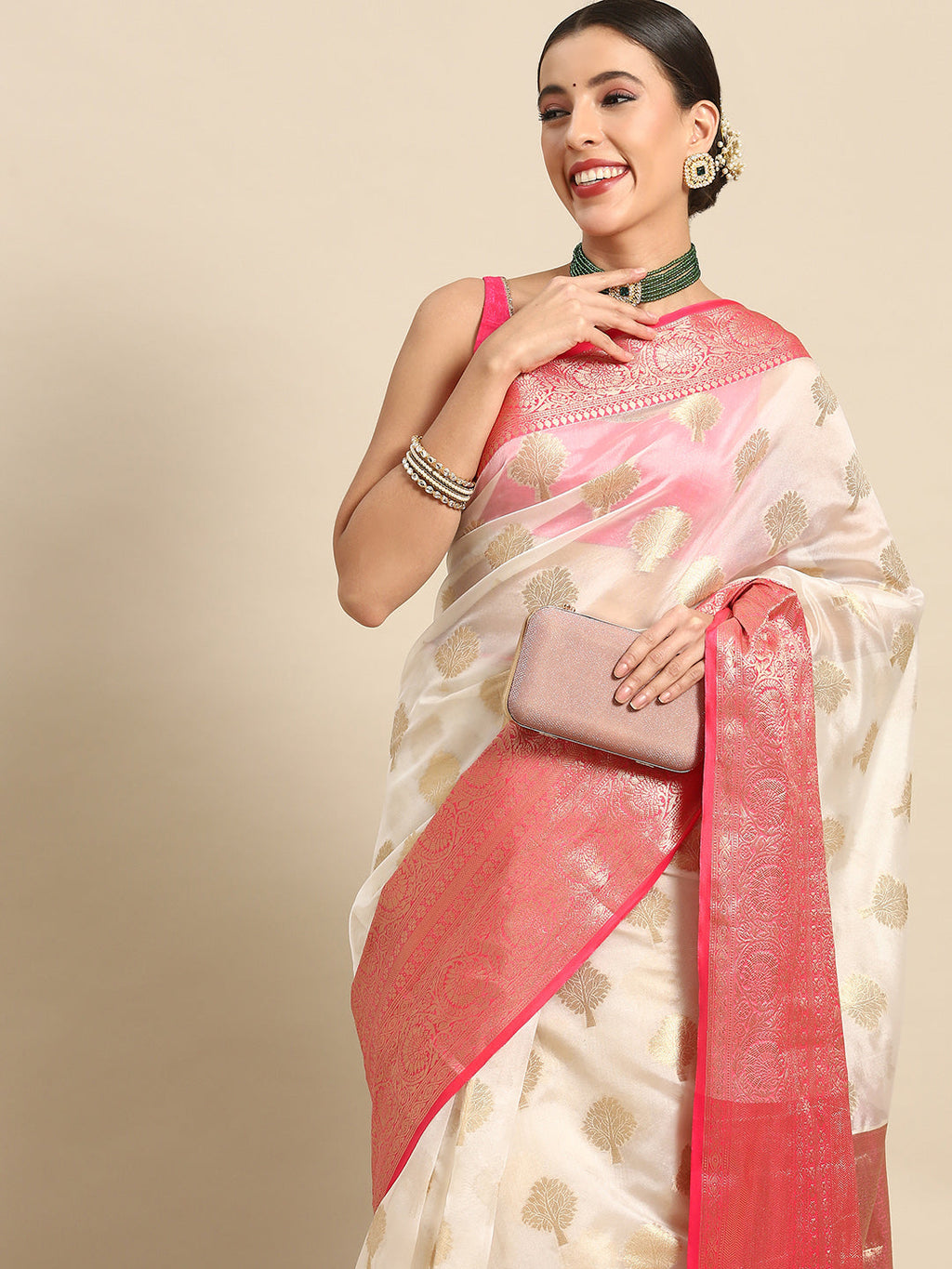 White Silk Blend Woven Zari Design Floral Saree with Unstitched Blouse - Hiral Fashion | Grocsy