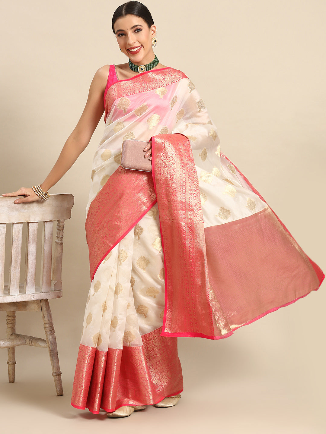 White Silk Blend Woven Zari Design Floral Saree with Unstitched Blouse - Hiral Fashion | Grocsy