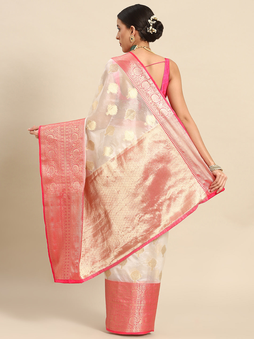White Silk Blend Woven Zari Design Floral Saree with Unstitched Blouse - Hiral Fashion | Grocsy