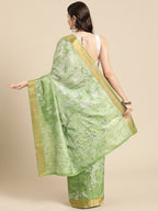 Green Silk Blend Digital Print Floral Saree with Unstitched Blouse - Hiral Fashion | Grocsy