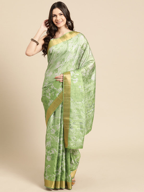 Green Silk Blend Digital Print Floral Saree with Unstitched Blouse - Hiral Fashion | Grocsy