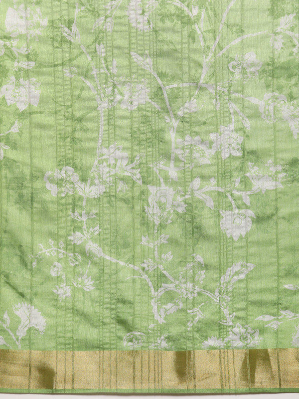 Green Silk Blend Digital Print Floral Saree with Unstitched Blouse - Hiral Fashion | Grocsy