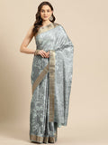 Gray Silk Blend Digital Print Floral Saree with Unstitched Blouse - Hiral Fashion | Grocsy