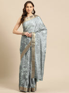 Gray Silk Blend Digital Print Floral Saree with Unstitched Blouse - Hiral Fashion | Grocsy