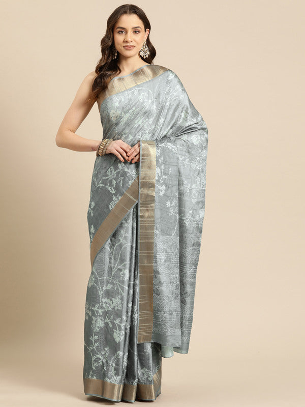 Gray Silk Blend Digital Print Floral Saree with Unstitched Blouse - Hiral Fashion | Grocsy