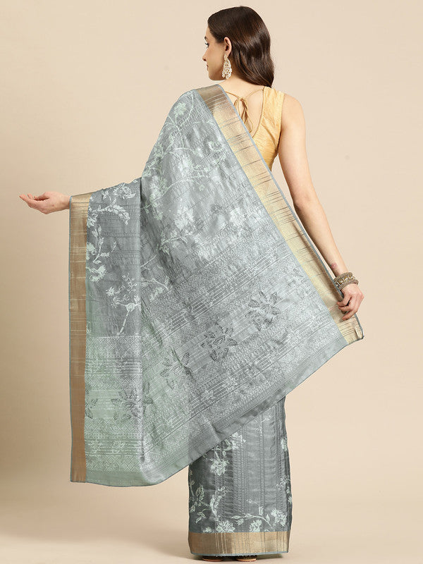 Gray Silk Blend Digital Print Floral Saree with Unstitched Blouse - Hiral Fashion | Grocsy