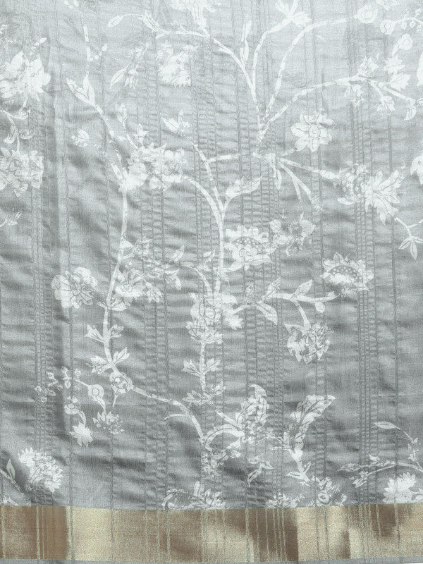 Gray Silk Blend Digital Print Floral Saree with Unstitched Blouse - Hiral Fashion | Grocsy