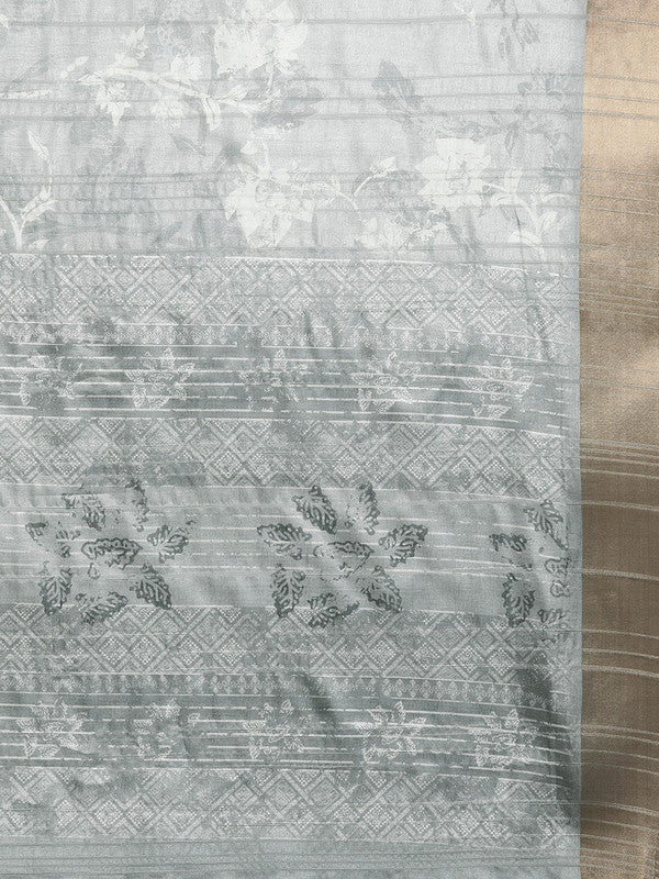 Gray Silk Blend Digital Print Floral Saree with Unstitched Blouse - Hiral Fashion | Grocsy