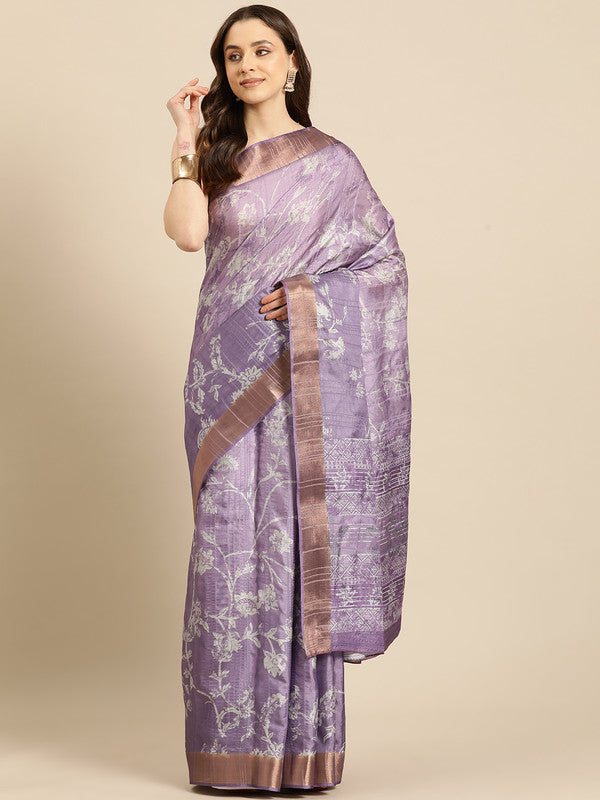 Lavender Silk Blend Digital Print Floral Saree with Unstitched Blouse - Hiral Fashion | Grocsy