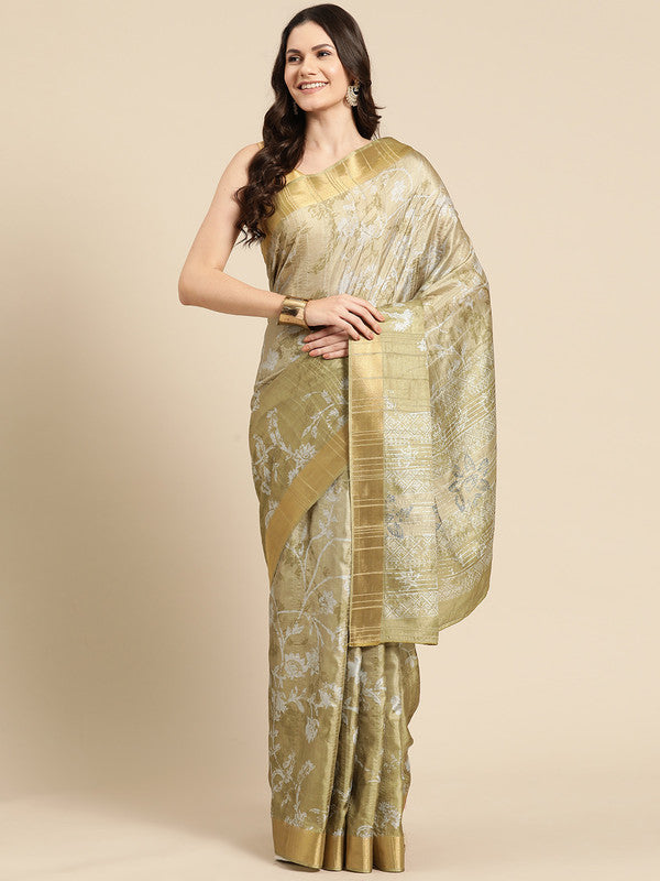 Olive Silk Blend Digital Print Floral Saree with Unstitched Blouse - Hiral Fashion | Grocsy