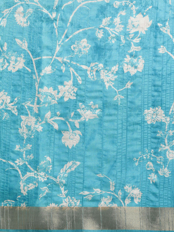 Turquoise Silk Blend Digital Print Floral Saree with Unstitched Blouse - Hiral Fashion | Grocsy