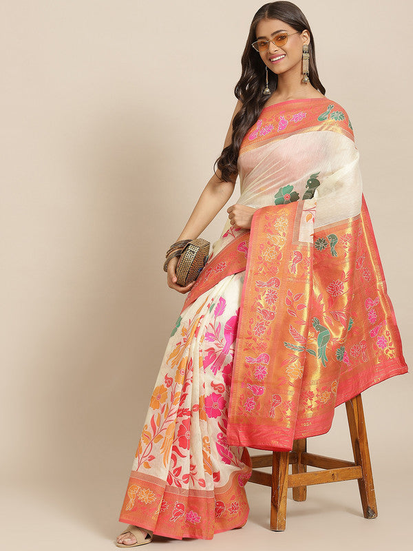 Off White Pure Cotton Woven Zari Design Paisley Saree with Unstitched Blouse - Hiral Fashion | Grocsy