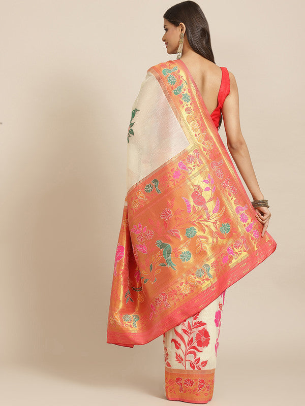 Off White Pure Cotton Woven Zari Design Paisley Saree with Unstitched Blouse - Hiral Fashion | Grocsy