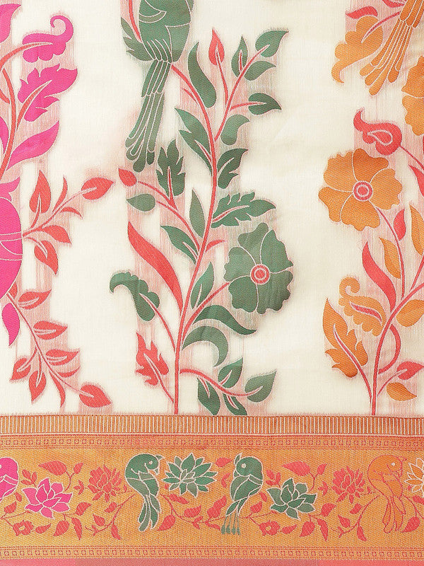 Off White Pure Cotton Woven Zari Design Paisley Saree with Unstitched Blouse - Hiral Fashion | Grocsy