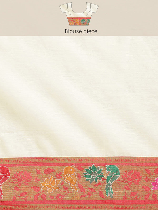 Off White Pure Cotton Woven Zari Design Paisley Saree with Unstitched Blouse - Hiral Fashion | Grocsy