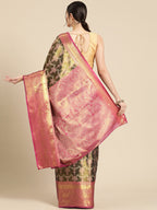 Black Brocade Zari Woven Floral Saree with Unstitched Blouse - Hiral Fashion | Grocsy