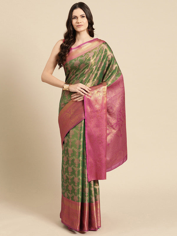 Green Brocade Zari Woven Floral Saree with Unstitched Blouse - Hiral Fashion | Grocsy