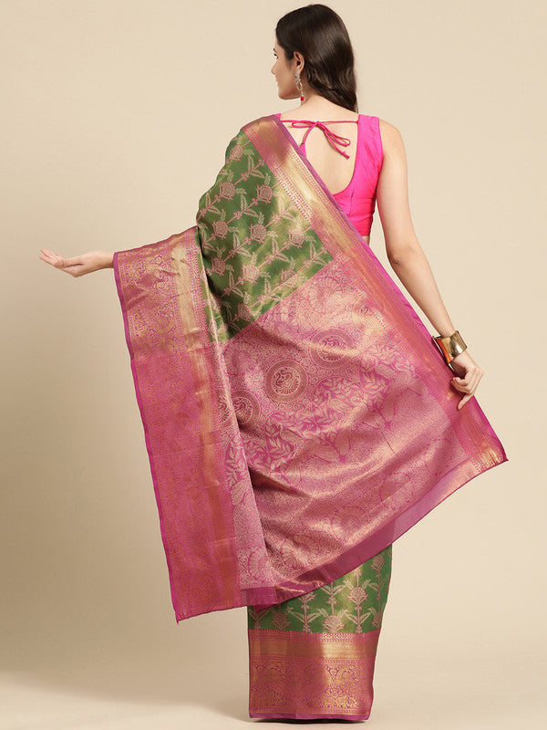 Green Brocade Zari Woven Floral Saree with Unstitched Blouse - Hiral Fashion | Grocsy