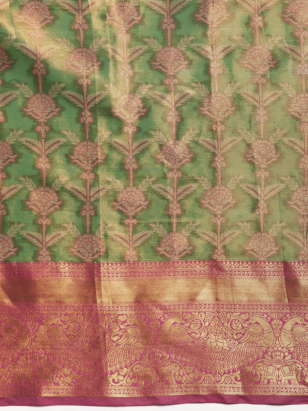 Green Brocade Zari Woven Floral Saree with Unstitched Blouse - Hiral Fashion | Grocsy