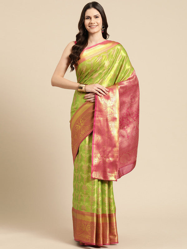Green Brocade Zari Woven Floral Saree with Unstitched Blouse - Hiral Fashion | Grocsy