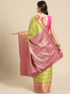 Green Brocade Zari Woven Floral Saree with Unstitched Blouse - Hiral Fashion | Grocsy