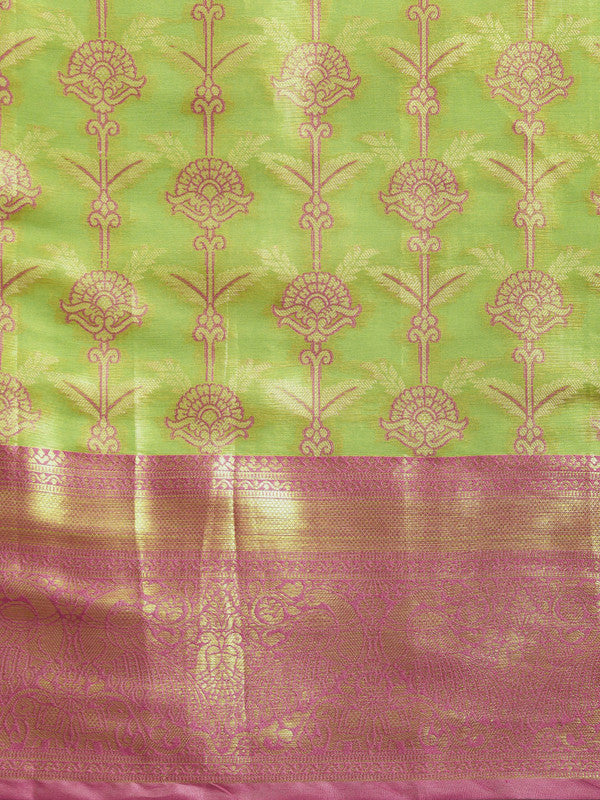 Green Brocade Zari Woven Floral Saree with Unstitched Blouse - Hiral Fashion | Grocsy