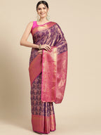 Purple Brocade Zari Woven Floral Saree with Unstitched Blouse - Hiral Fashion | Grocsy
