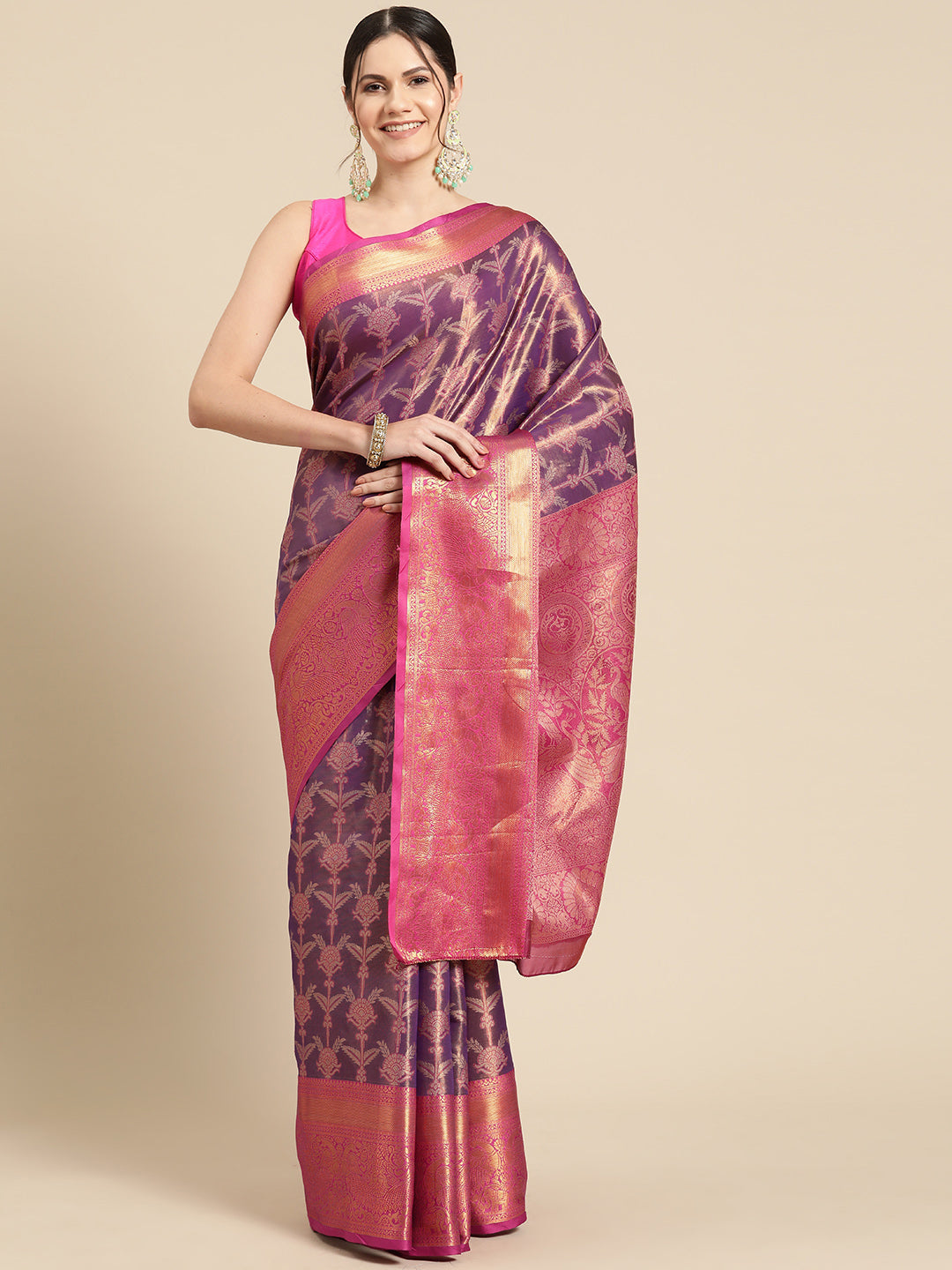 Purple Brocade Zari Woven Floral Saree with Unstitched Blouse - Hiral Fashion | Grocsy