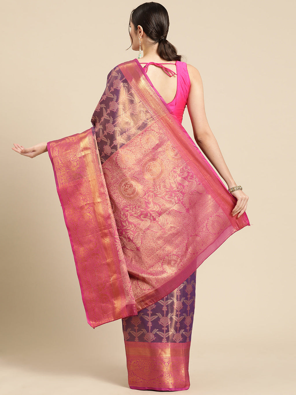 Purple Brocade Zari Woven Floral Saree with Unstitched Blouse - Hiral Fashion | Grocsy
