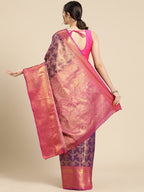 Purple Brocade Zari Woven Floral Saree with Unstitched Blouse - Hiral Fashion | Grocsy