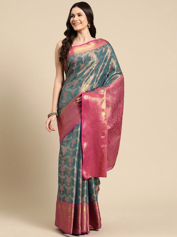 Turquoise Brocade Zari Woven Floral Saree with Unstitched Blouse - Hiral Fashion | Grocsy