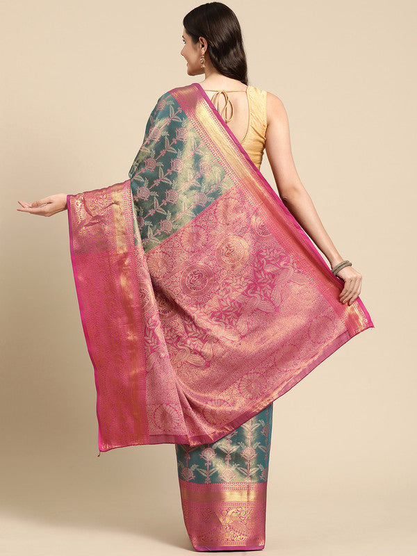 Turquoise Brocade Zari Woven Floral Saree with Unstitched Blouse - Hiral Fashion | Grocsy