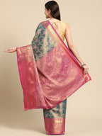 Turquoise Brocade Zari Woven Floral Saree with Unstitched Blouse - Hiral Fashion | Grocsy