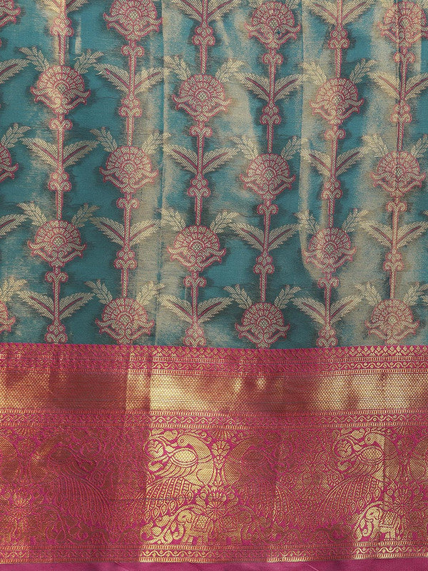 Turquoise Brocade Zari Woven Floral Saree with Unstitched Blouse - Hiral Fashion | Grocsy