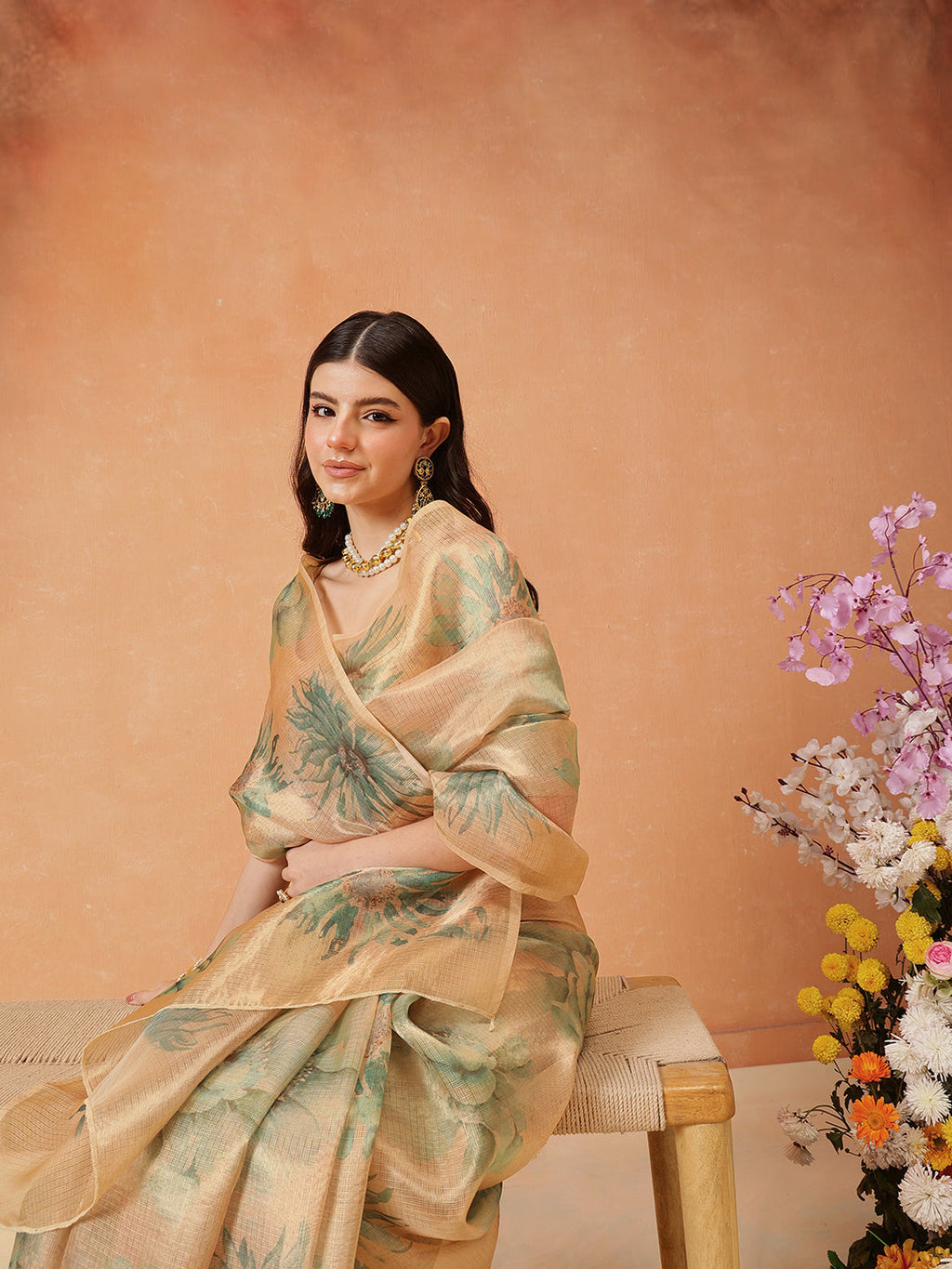 Hiral Fashion Beige Bollywood Cotton Tissue Floral Digital Printed Saree | Grocsy