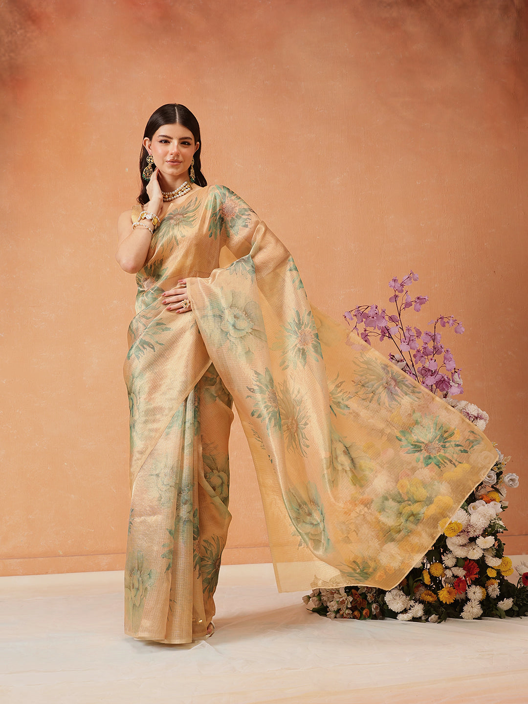 Hiral Fashion Beige Bollywood Cotton Tissue Floral Digital Printed Saree | Grocsy