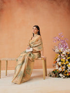 Hiral Fashion Beige Bollywood Cotton Tissue Floral Digital Printed Saree | Grocsy