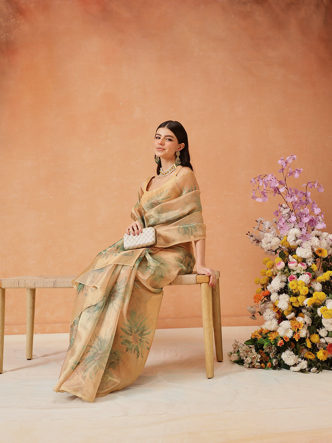 Hiral Fashion Beige Bollywood Cotton Tissue Floral Digital Printed Saree | Grocsy