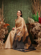 Hiral Fashion Beige Bollywood Cotton Tissue Floral Digital Printed Saree | Grocsy