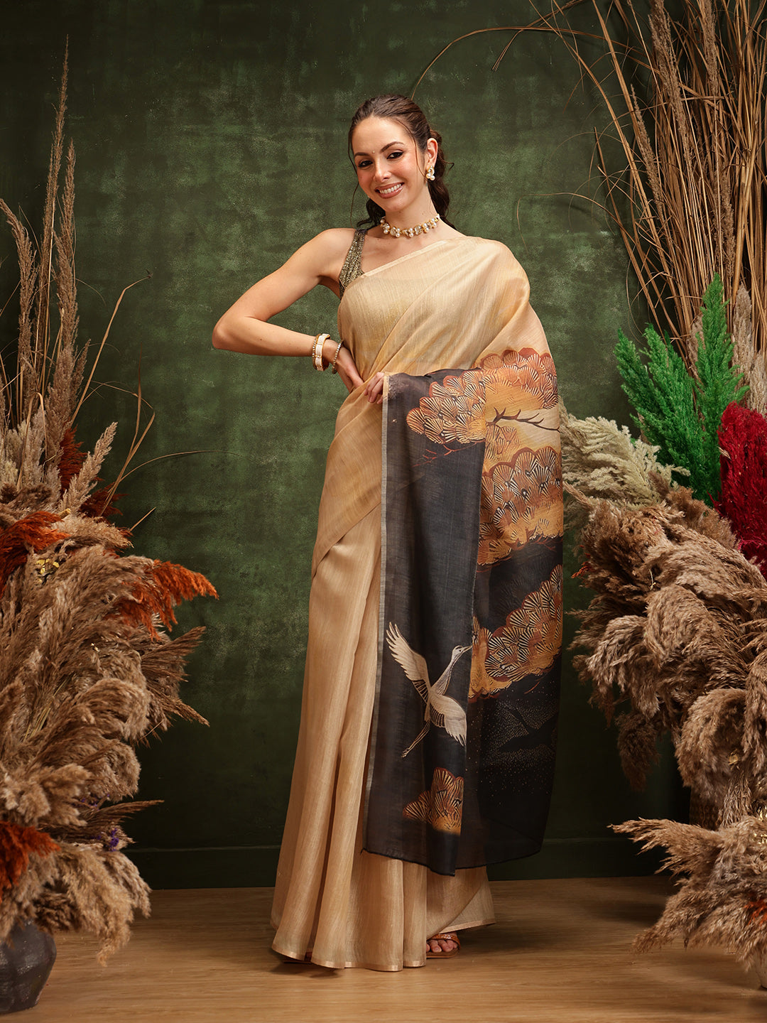 Hiral Fashion Beige Bollywood Cotton Tissue Floral Digital Printed Saree | Grocsy