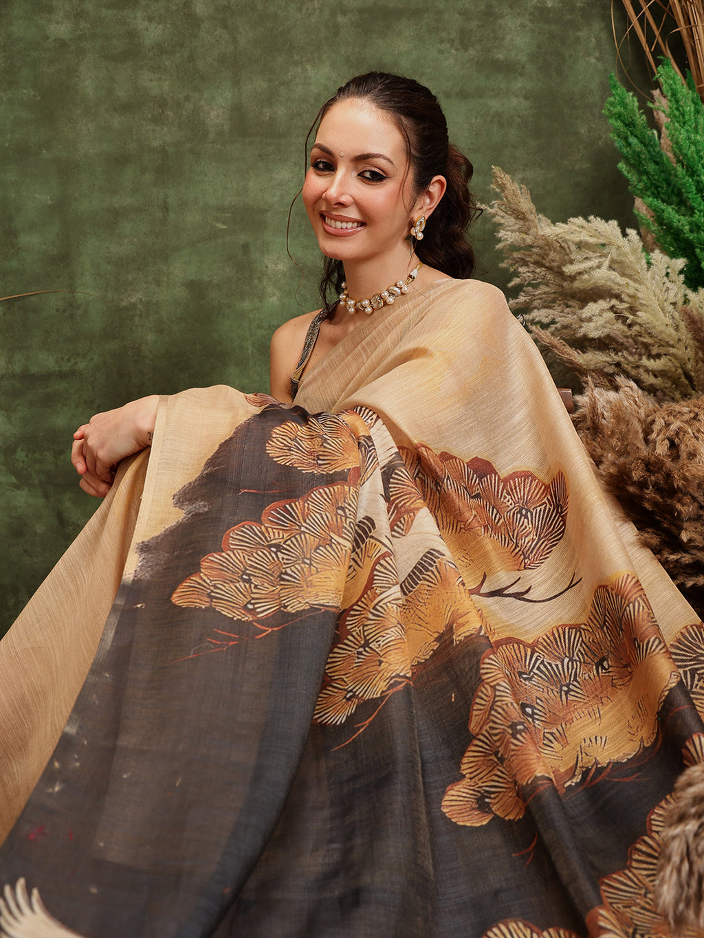 Hiral Fashion Beige Bollywood Cotton Tissue Floral Digital Printed Saree | Grocsy