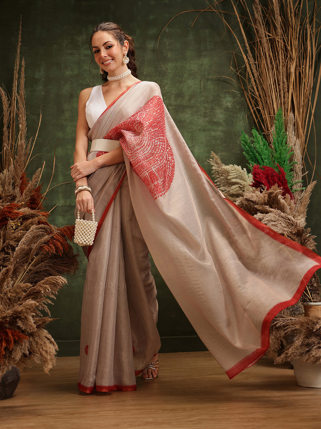 Hiral Fashion Cream Bollywood Cotton Tissue Solid Digital Printed Saree | Grocsy
