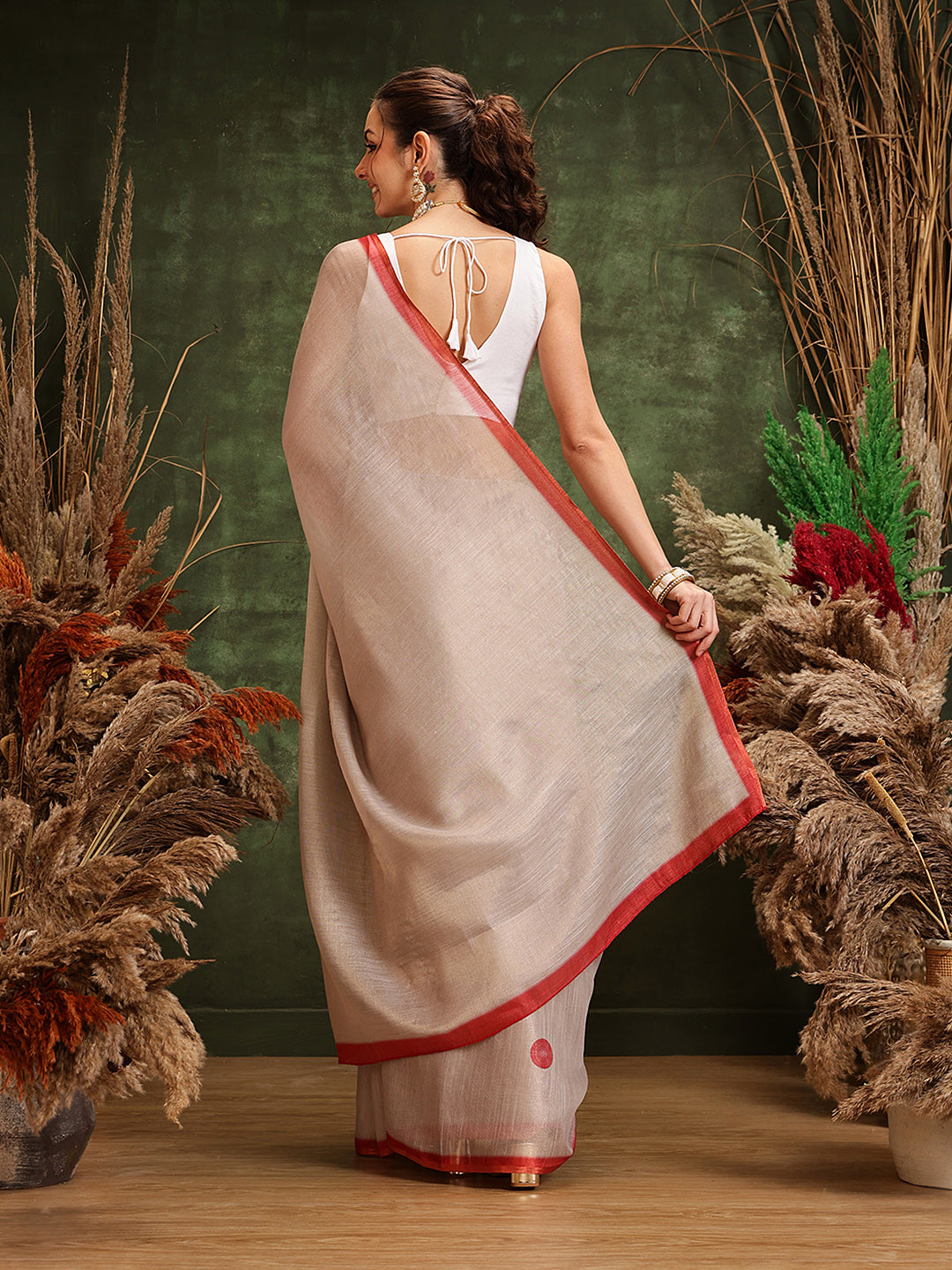 Hiral Fashion Cream Bollywood Cotton Tissue Solid Digital Printed Saree | Grocsy