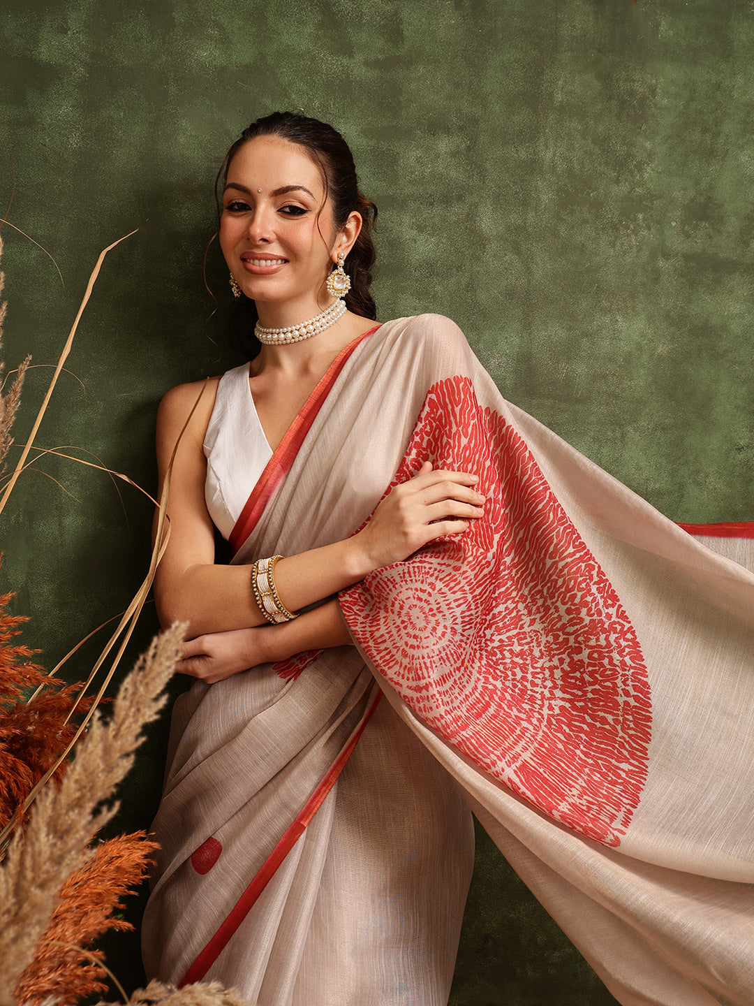 Hiral Fashion Cream Bollywood Cotton Tissue Solid Digital Printed Saree | Grocsy