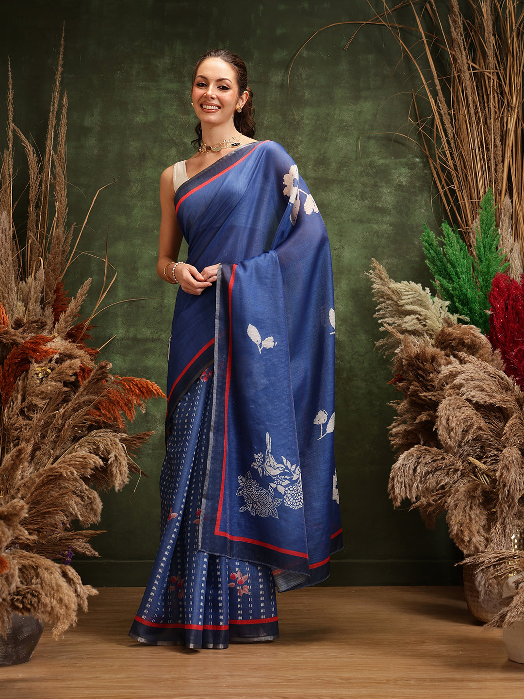Hiral Fashion Navy Blue Bollywood Cotton Tissue Floral Digital Printed Saree | Grocsy