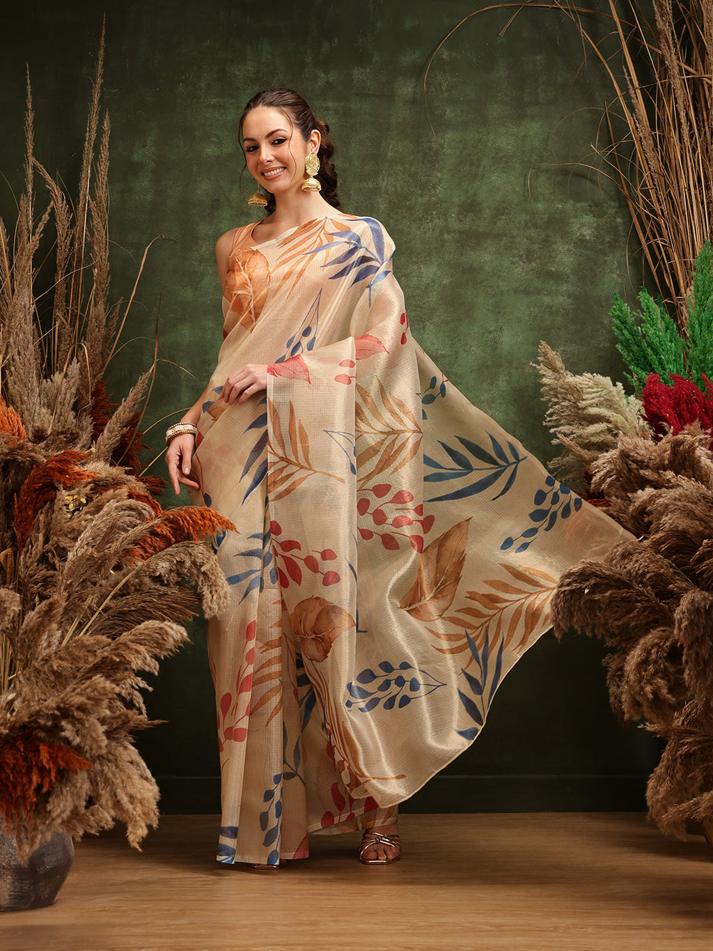 Hiral Fashion Off White Bollywood Cotton Tissue Floral Digital Printed Saree | Grocsy