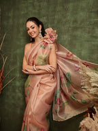 Hiral Fashion Peach Bollywood Cotton Tissue Floral Digital Printed Saree | Grocsy