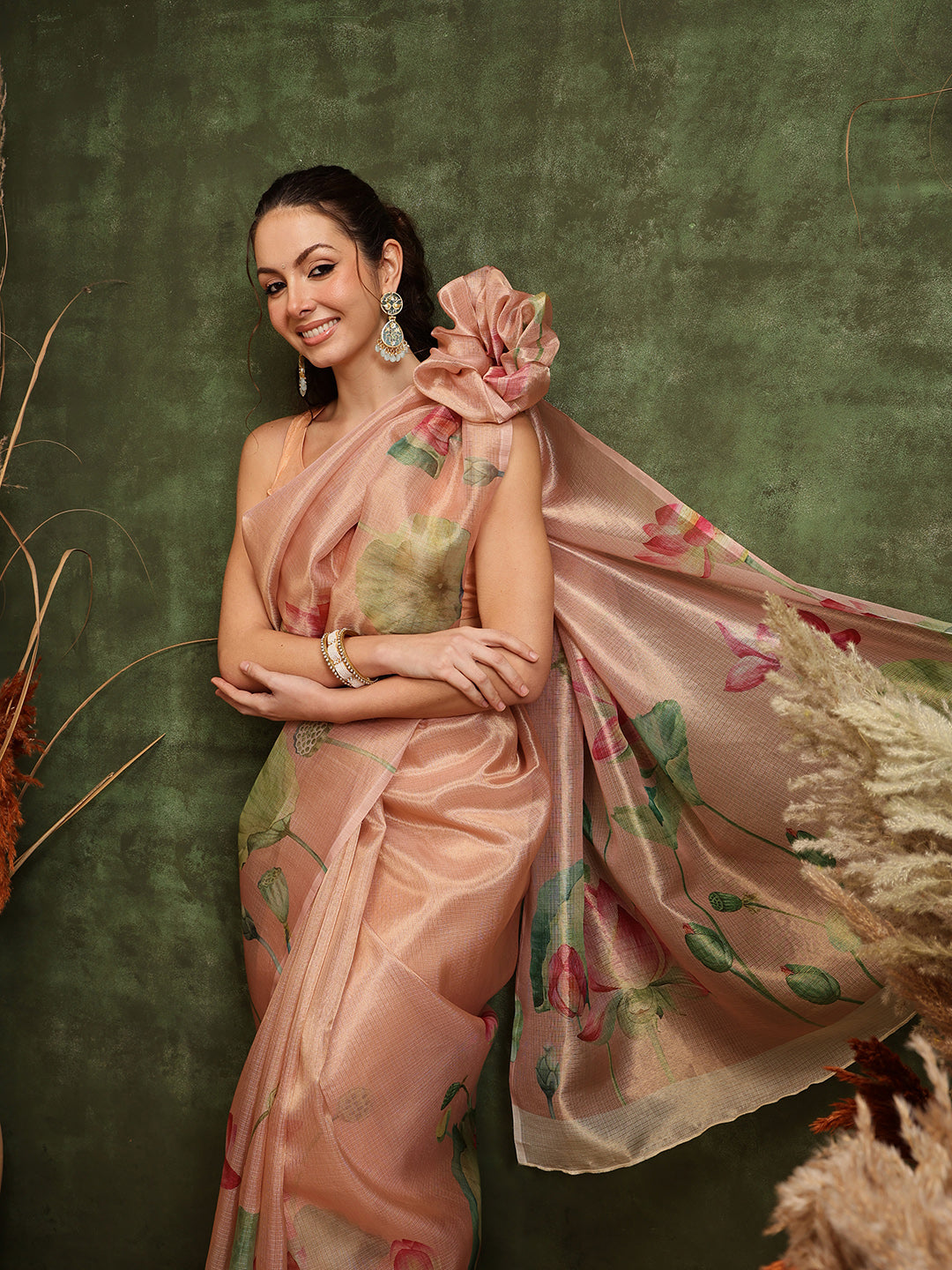 Hiral Fashion Peach Bollywood Cotton Tissue Floral Digital Printed Saree | Grocsy